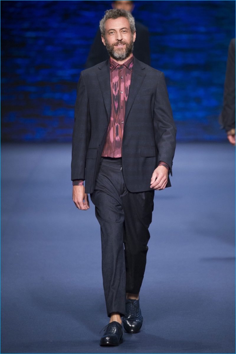 Etro proposes modest suiting, dressed up with a lively patterned dress shirt.