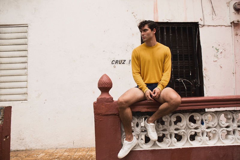 Jancarlos wears sweater Acne Studios and shorts Orlebar Browne.