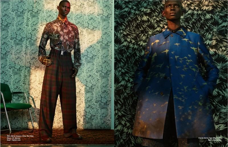 Pictured left, Fernando Cabral is a stylish vision in a look from Dries Van Noten. Right, Fernando is front and center in an Issey Miyake coat.