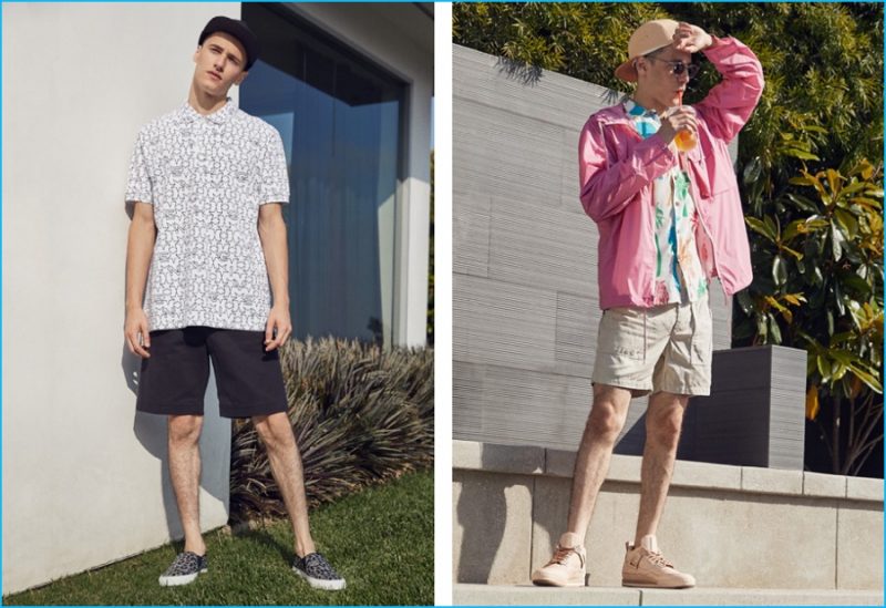 Pictured (Left to Right): Long shorts Patrik Ervell, cap, star print polo shirt and slip-on sneakers Givenchy. Fatigue shorts Engineered Garments, sneakers and cap Hender Scheme, tropic shirt, cropped parka and sunglasses Our Legacy.