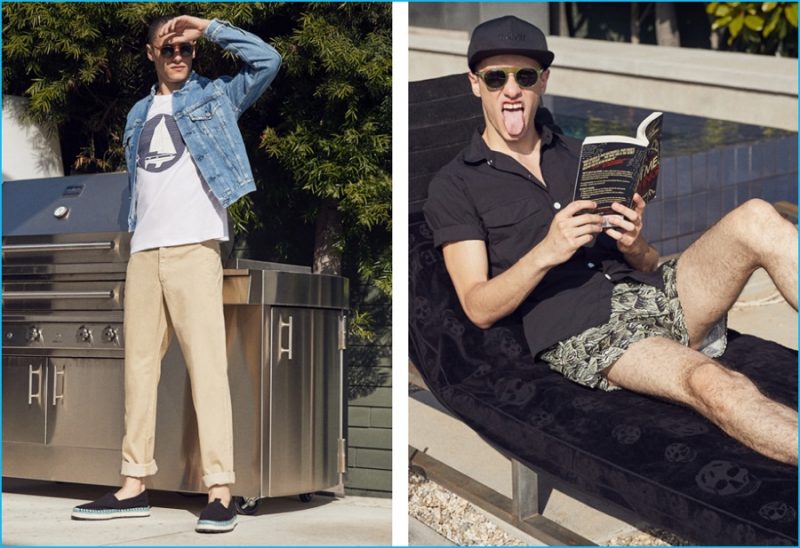 Pictured (Left to Right): Sunglasses Garrett Leight, t-shirt and chinos A.P.C., denim jacket and espadrilles Acne Studios. Sunglasses Dries Van Noten, shirt Our Legacy, swim trunks Acne Studios, cap Givenchy and sneakers EYTYS.