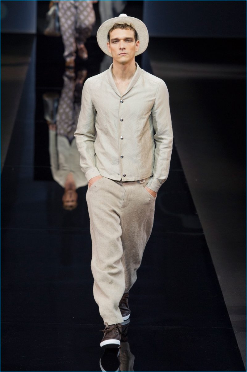 Giorgio Armani makes a case for summer linen with a leisure tailored number.