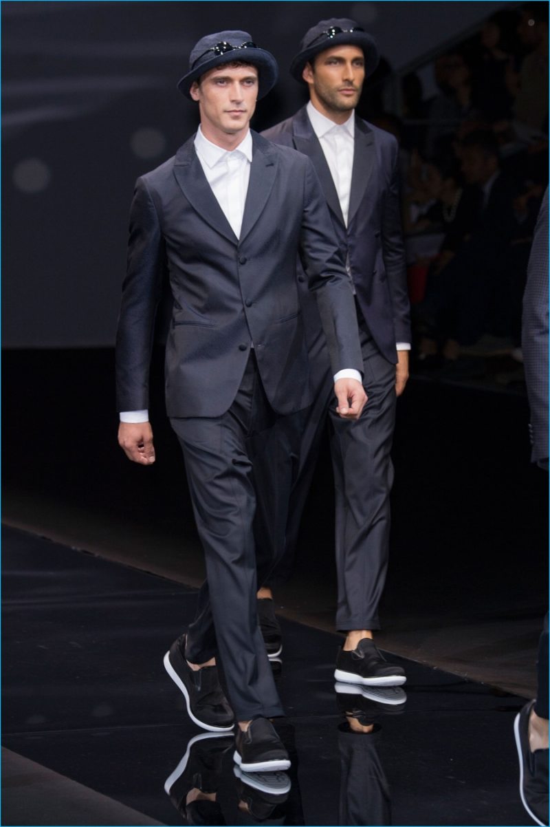 Top models Clément Chabernaud and Noah Mills take to the catwalk for Giorgio Armani's spring-summer 2017 show.
