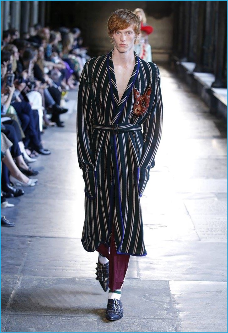 Gucci has a dandy moment with a striped robe, cinched at the waist.