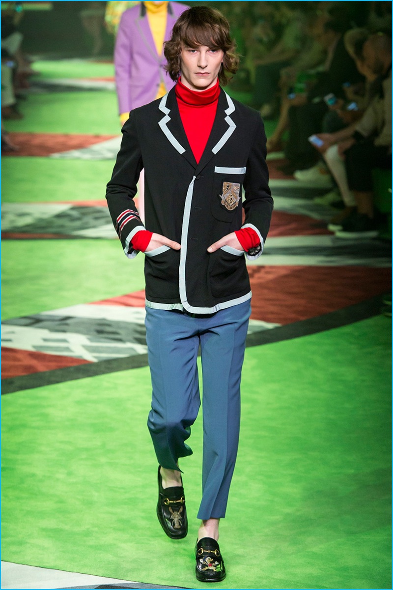 Gucci serves up an iconic crest jacket as part of its spring-summer 2017 collection.