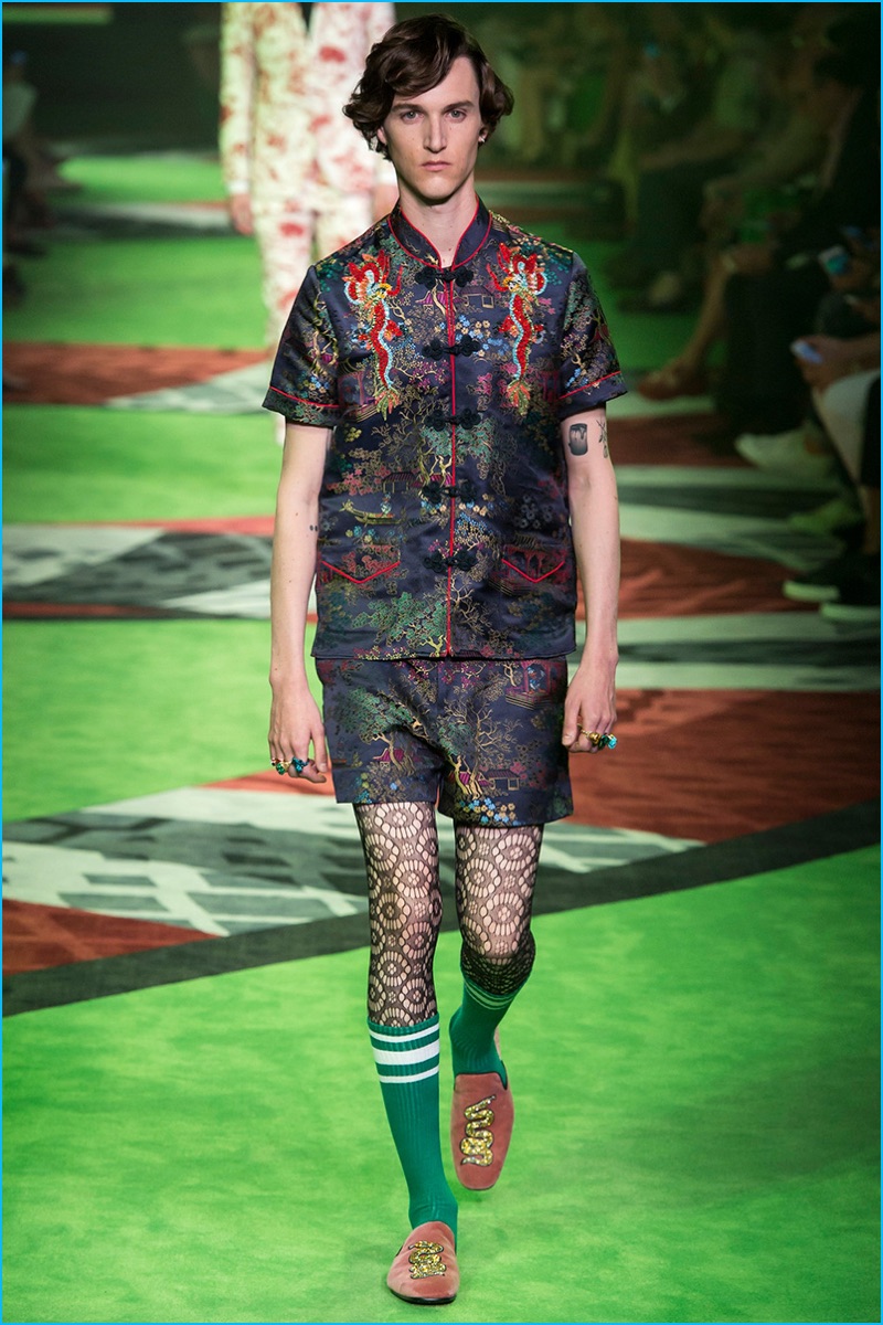 Gucci creative director Alessandro Michele takes a trip East with printed silk coordinated numbers.