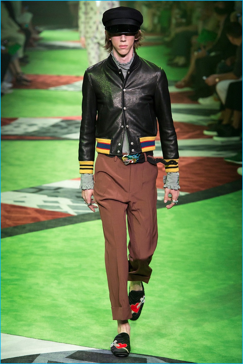 Gucci stands by classics such as its leather jackets for spring-summer 2017.