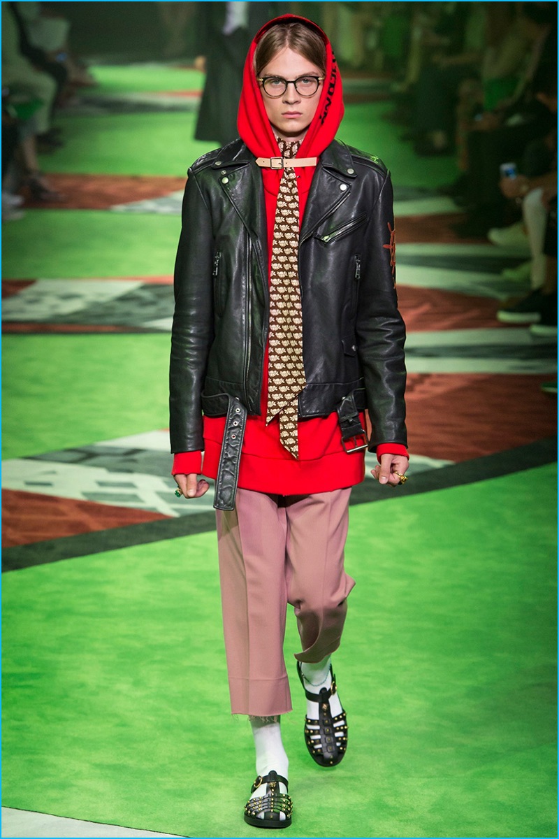 Gucci juxtaposes a whimsical look with a timeless leather biker jacket for spring-summer 2017.