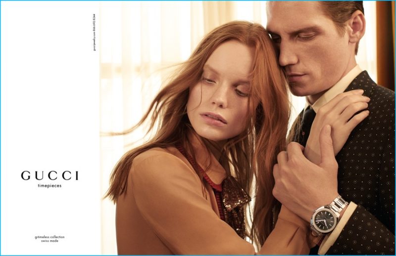 Roch Barbot embraces Polina Oganicheva for Gucci's fall-winter 2016 timepieces campaign.