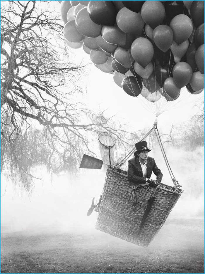 Henry Evans wears jacket Christopher Kane, shirt Alexander McQueen, top hat Christys', gloves and umbrella Harrods of London.