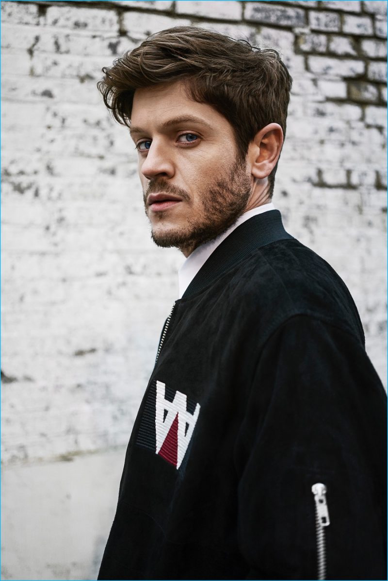 Iwan Rheon pictured in a Matthew Miller shirt and Wood Wood jacket.