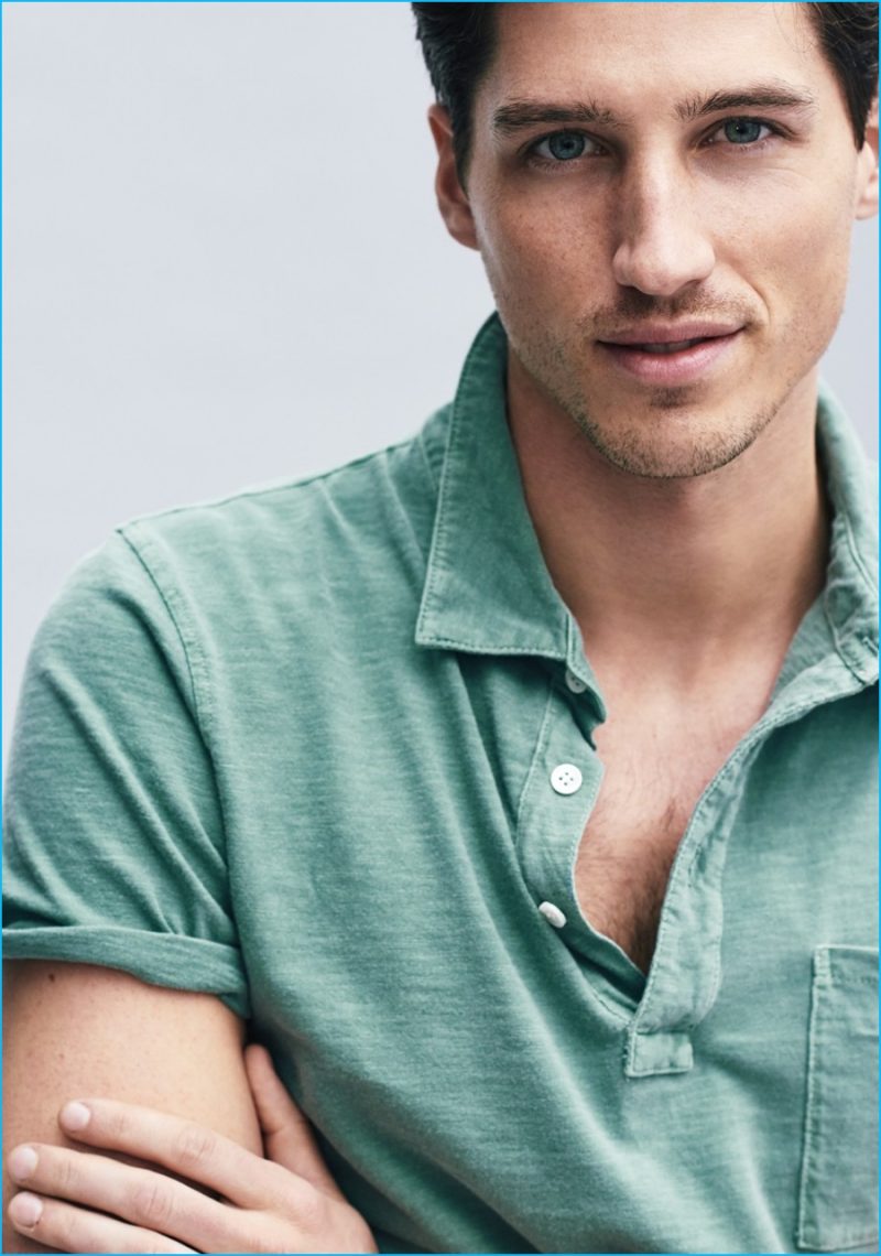 Ryan Kennedy is a casual vision in a green J.Crew garment-dyed polo shirt.