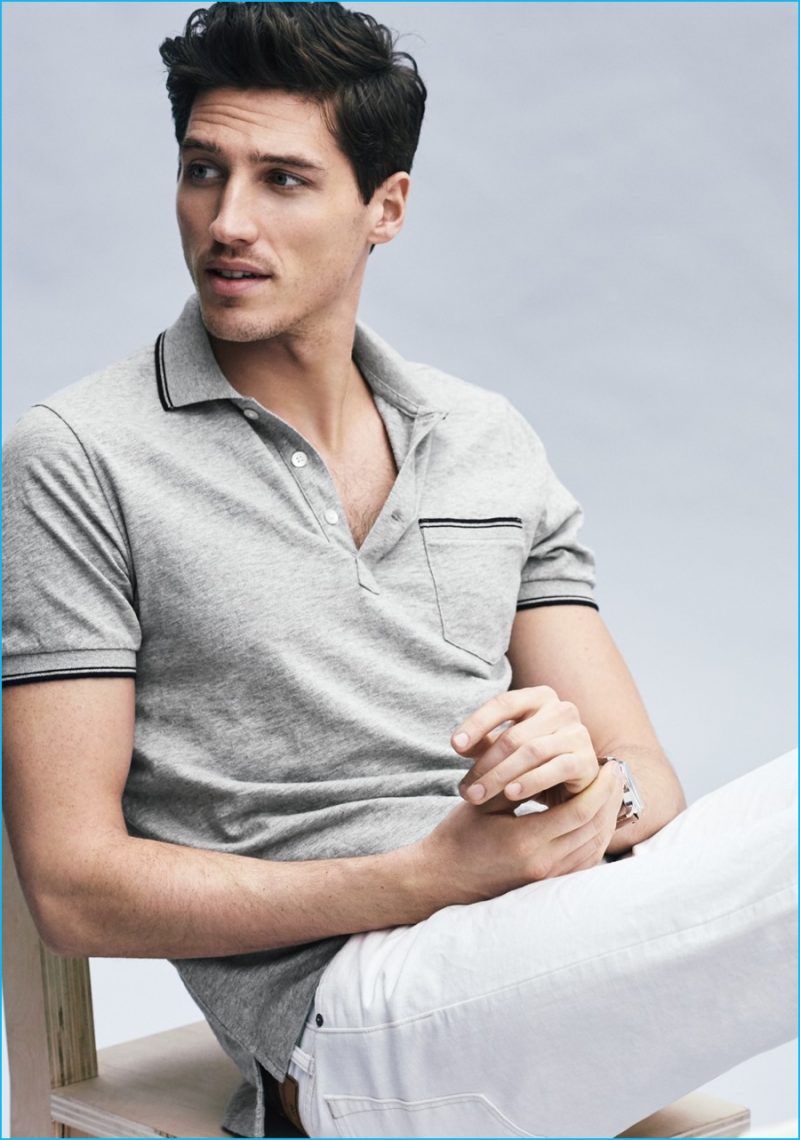 Ryan Kennedy goes retro in J.Crew's tipped polo shirt that channels 1950s and 60s style.