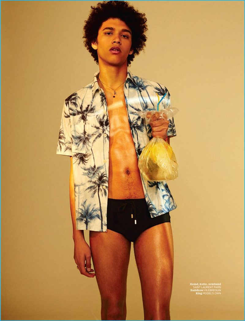 Jackson Hale sports a palm tree print shirt from Saint Laurent with a Vilebrequin swimsuit.