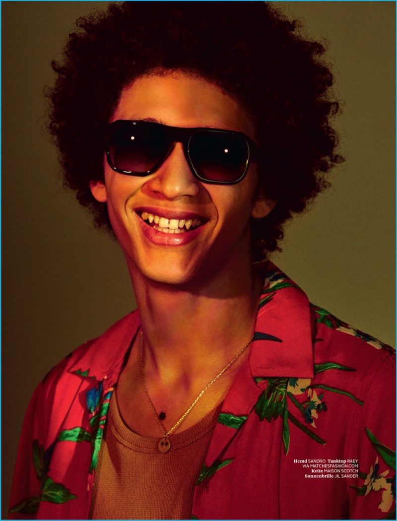 Jackson Hale is all smiles in Jil Sander sunglasses.