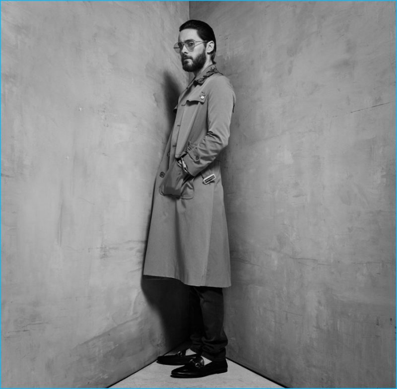 Jared Leto sports a trench coat from Italian fashion house Gucci.