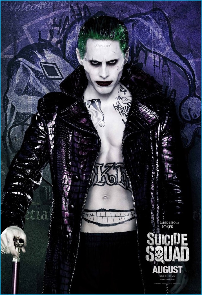 Jared Leto rocks a purple leather trench coat as the Joker in Suicide Squad.