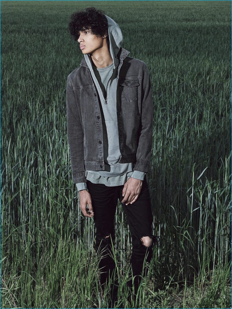 Hoodie & Denim Jacket Hero: John Elliott Denim Jacket, Mercer Half-Zip Hoodie and Ripped Denim Jeans