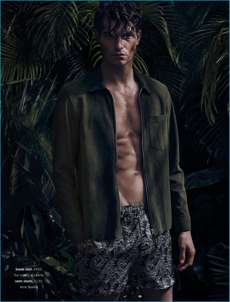 John Todd is front and center in an Our Legacy suede shirt, worn with Acne Studios swim shorts. » Jungle Fever: John Todd Finds His Wild Side for Mine Magazine John Todd is front and center in an Our Legacy suede shirt, worn with Acne Studios swim shorts.