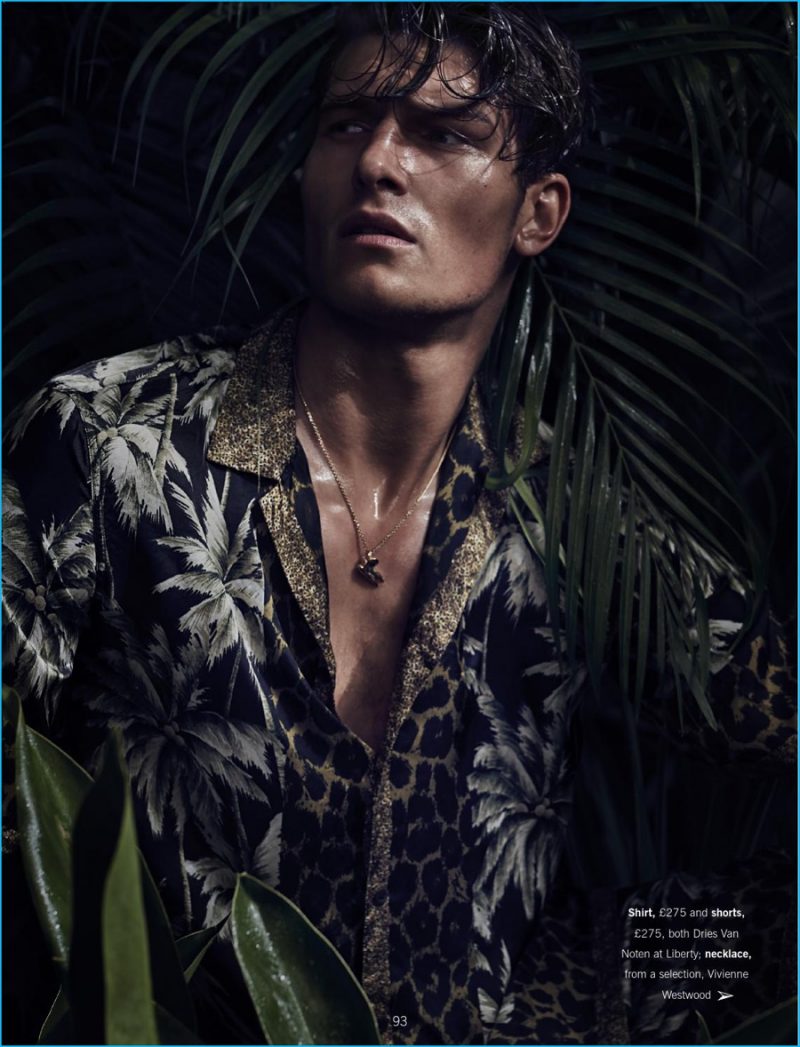 John Todd finds his wild side in a leopard/palm tree print shirt from Dries Van Noten.