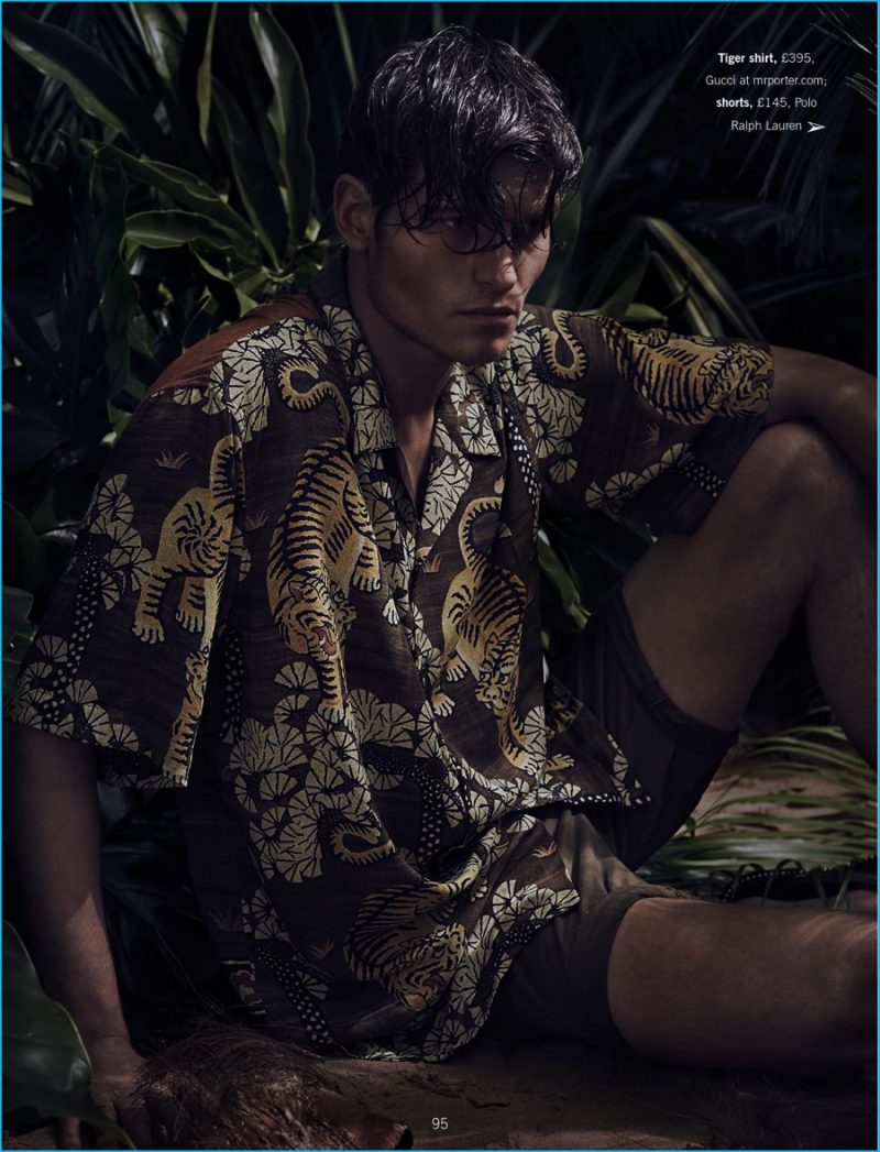 John Todd wears a jungle print shirt from Gucci with Polo Ralph Lauren shorts.
