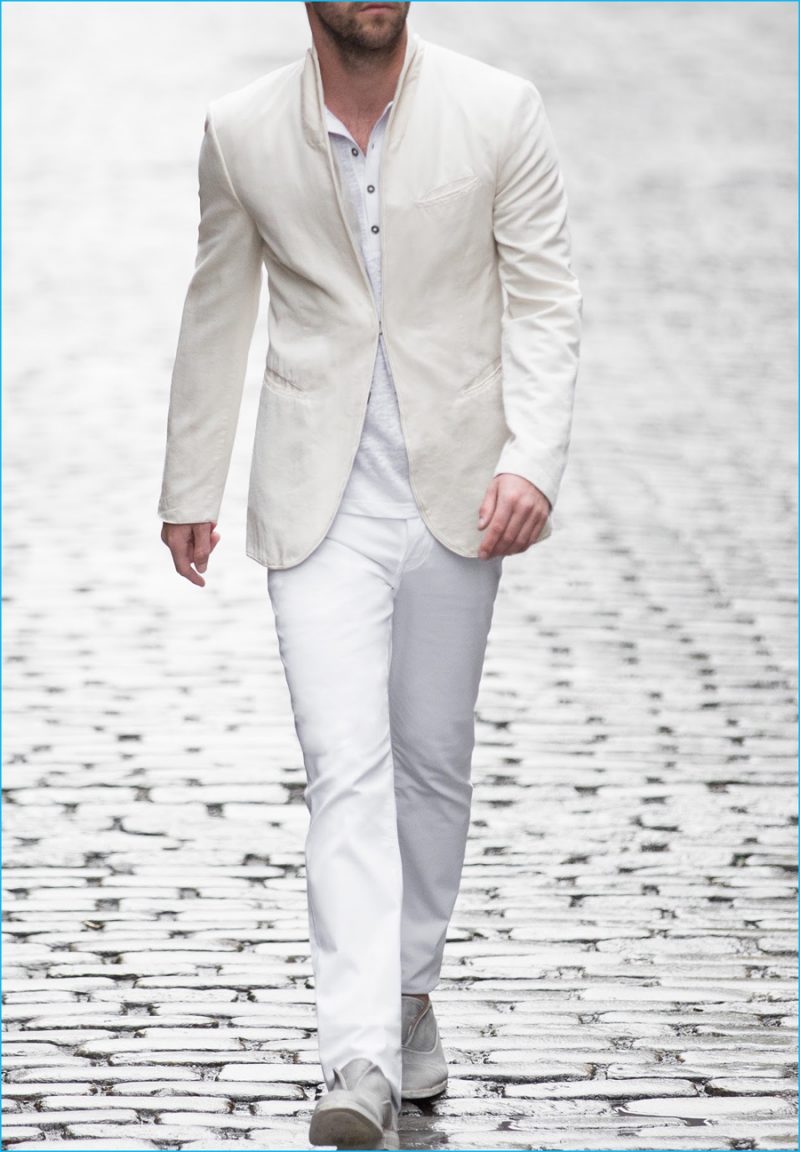 John Varvatos champions summer neutrals, partnering its white jeans with an off-white shawl collar blazer.