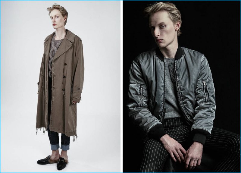 Left to Right: Alastair wears satin trench coat Maison Margiela, braid detail mohair blend sweater Etro, Japanese denim jeans and Princetown leather loafers with fur Gucci. Alastair wears padded nylon bomber jacket Saint Laurent and pinstripe flannel trousers Givenchy.