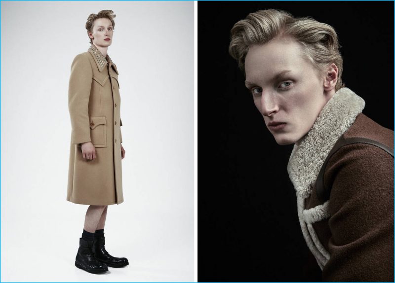 Left to Right: Alastair wears studded collar wool coat J.W. Anderson and horse leather combat boots Marsell. Alastair wears shearling aviator jacket Dsquared2.