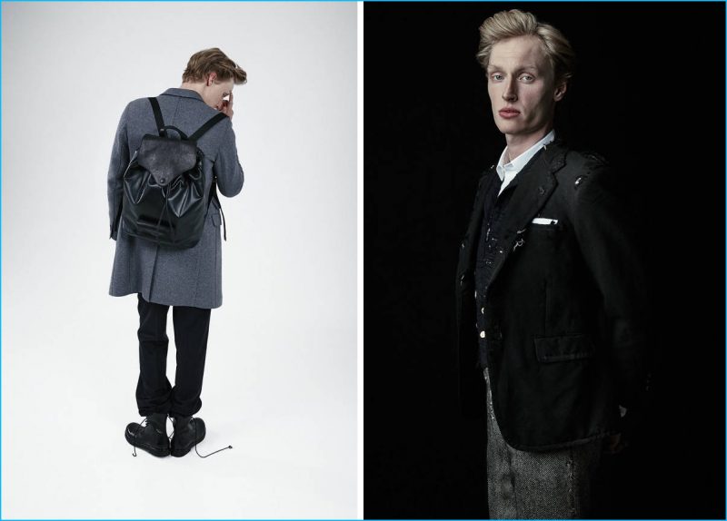 Left to Right: Alastair wears double wool felt coat Neil Barrett, backpack Maison Margiela, herringbone trousers Lanvin and Henry brogue leather Chelsea boots Tricker's. Alastair wears destroyed wool and mohair vest and jacket Thom Browne.