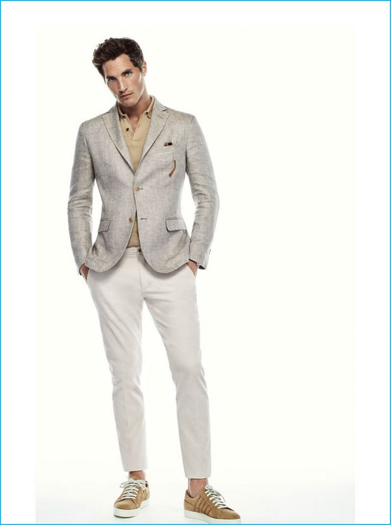 Ollie Edwards is front and center in suave summer neutrals from Massimo Dutti.