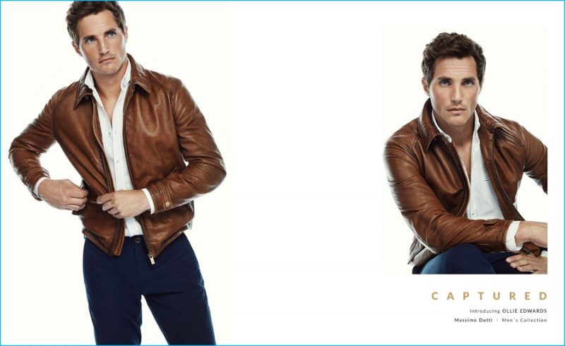 Ollie Edwards is a chic vision in a buttery soft brown leather jacket with navy chinos.
