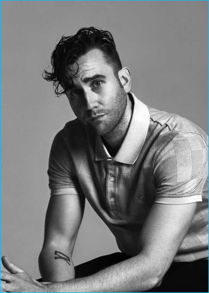 Matthew Lewis dons a Lyle & Scott polo shirt with Burberry trousers.