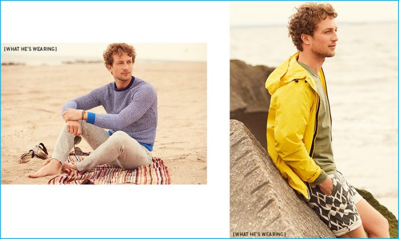 Left to Right: Ben Waddell relaxes on a Paul Smith towel, wearing Reigning Champ sweatpants, Native Youth sweater, Cause and Effect wrap bracelet, Caputo & Co. cuff, Ray-Ban sunglasses and Birkenstock sandals. Ben wears Mollusk sweatshirt, K-Way yellow jacket and Scotch & Soda printed chino shorts.