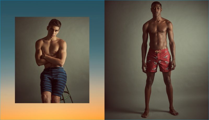 Left to Right: Francisco Perez wears Outerknown striped lowtide sweatshorts.  Dominique Hollington wears Thorsun bird print swim trunks.