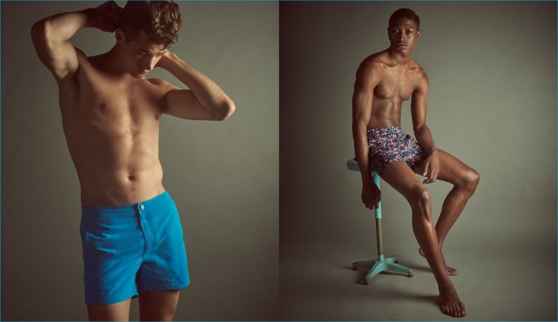 Left to Right: Jamie Wise wears Onia Calder swim trunks. Dominique Hollington wears Vilebrequin synchronized swimmer print swim trunks.