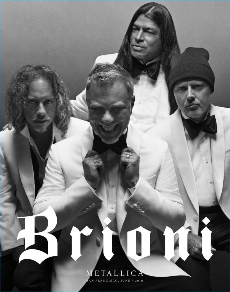 Metallica goes formal in white dinner jackets and black bow-ties for Brioni's new advertising campaign. » Fashion's Modern Obsession with Reinvention: From Saint Laurent to Gucci Metallica goes formal in white dinner jackets and black bow-ties for Brioni's new advertising campaign.