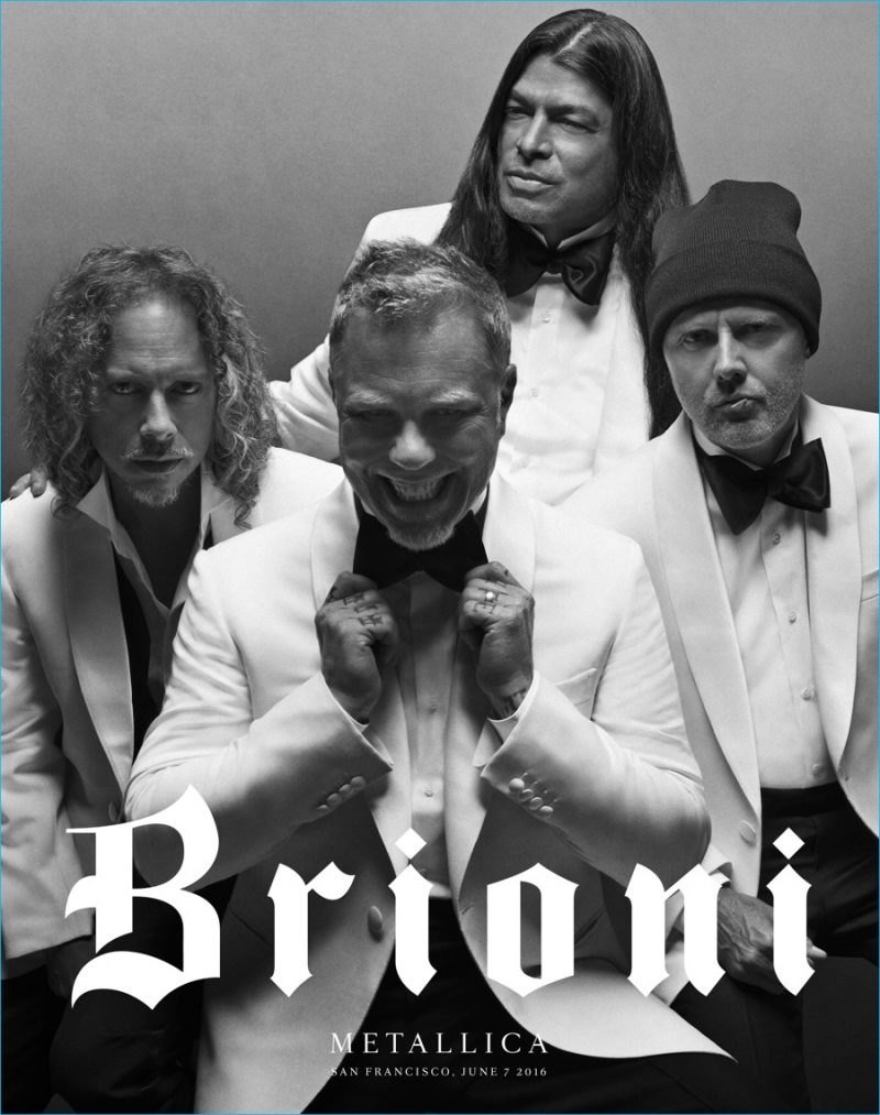 Metallica goes formal in white dinner jackets and black bow-ties for Brioni's new advertising campaign.