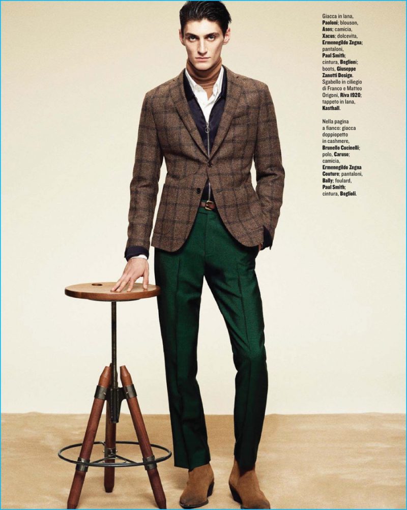 Mihai Bran sports autumanl hues in a check Paoloni jacket with Paul Smith pleated trousers.