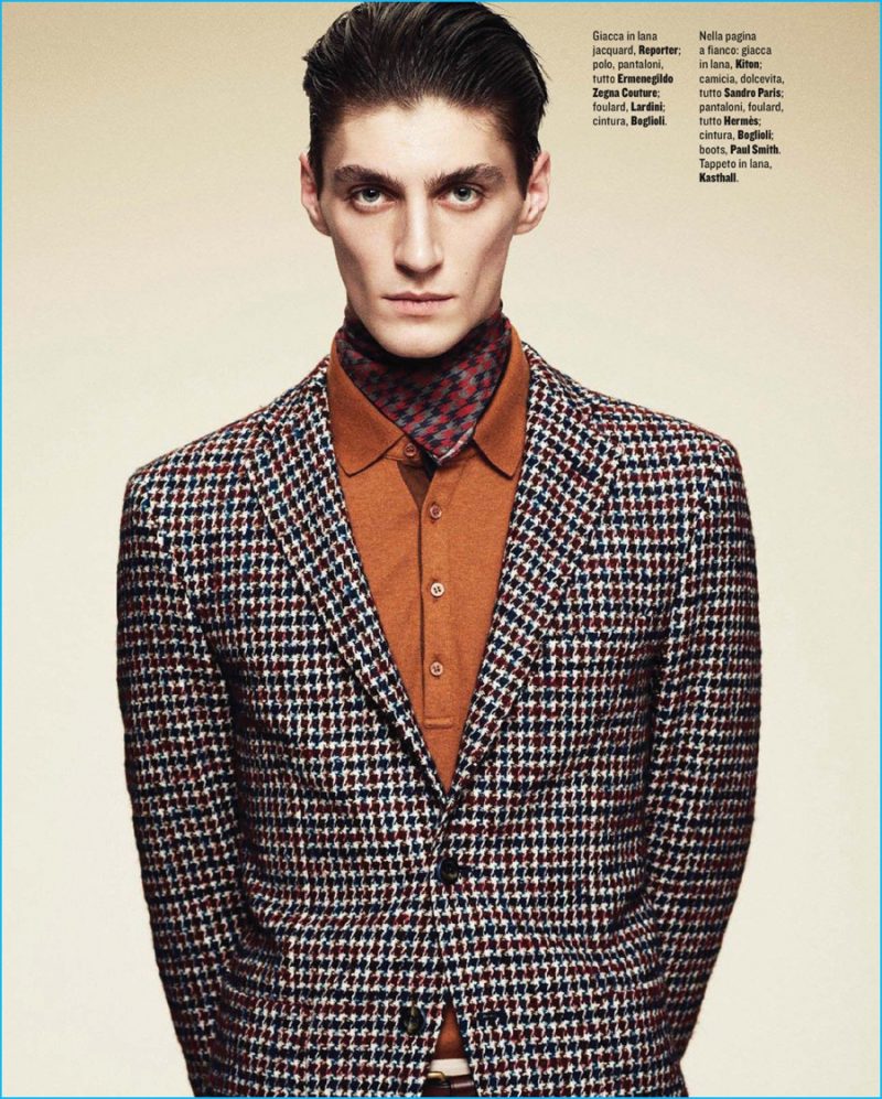 Mihai Bran has a houndstooth moment in a Reporter jacket and Lardini foulard. 