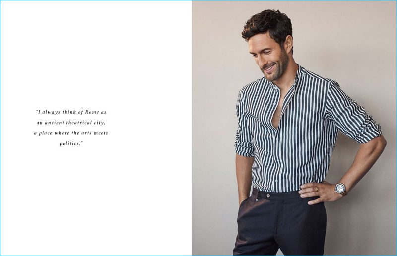 Noah Mills is front and center in a stripe grandad collar shirt from Massimo Dutti.