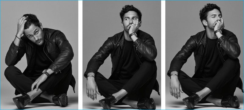Noah Mills sports black on black, wearing a leather jacket with slim staples from Massimo Dutti.