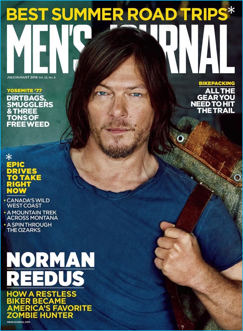 Sporting a crewneck t-shirt from Greg Lauren, Norman Reedus covers the July/August 2016 issue of Men's Journal.