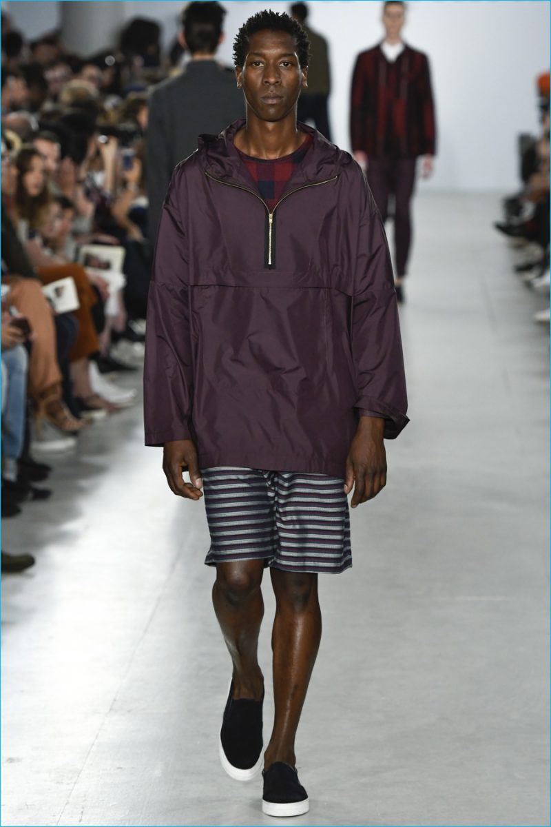Oliver Spencer goes for a sporty element, juxtaposing multiple patterns and embracing the windbreaker.
