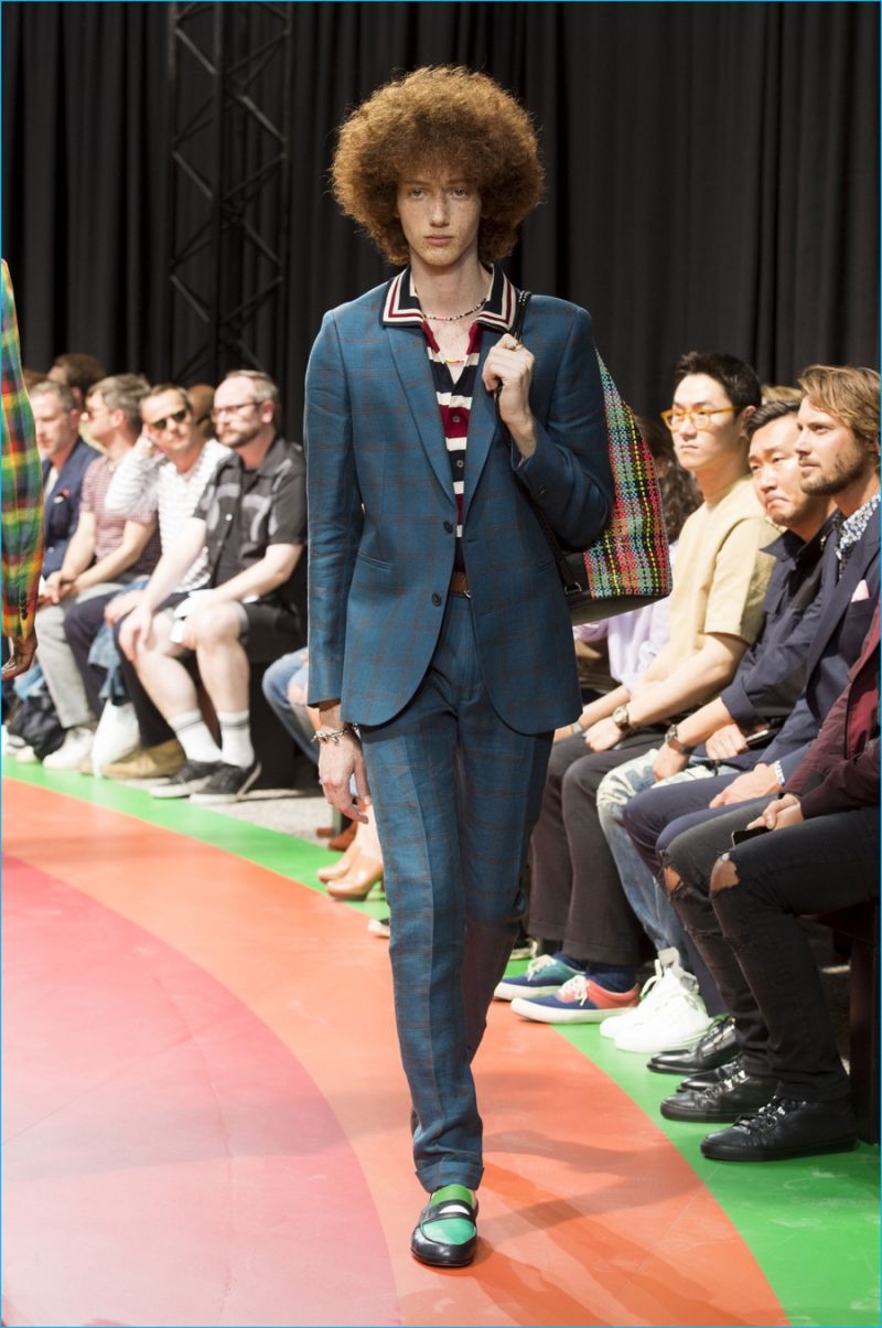 Paul Smith complements check suiting with retro style shirts for spring-summer 2017.
