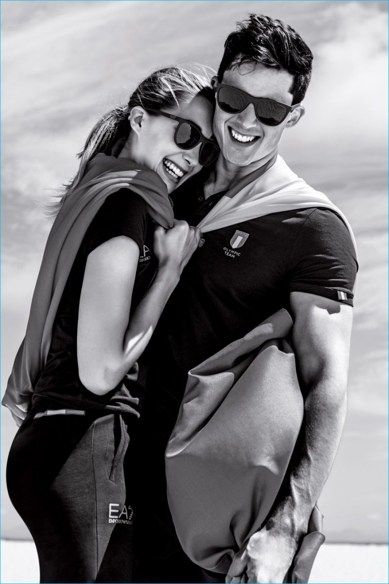 Models Pietro Boselli and Penny Lane are all smiles for EA7's 2016 Olympic campaign.