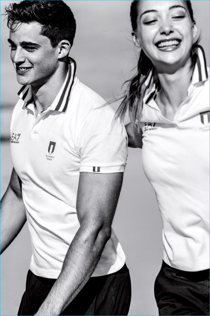 Pietro Boselli and Penny Lane don polo shirts from EA7's Italian Olympic collection.