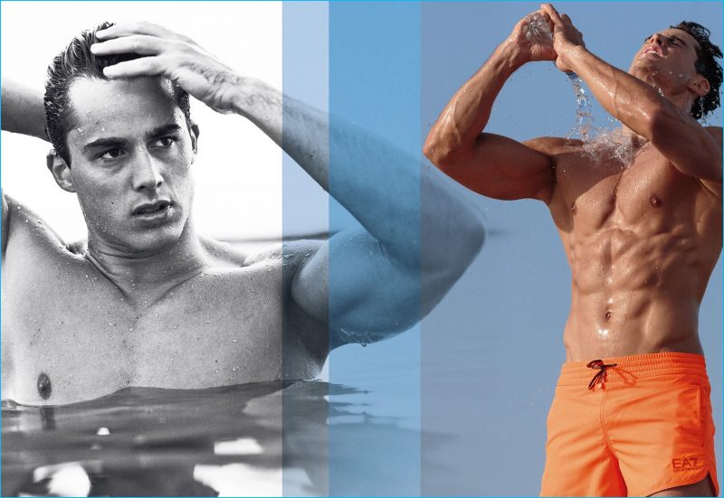 Pietro Boselli hits the beach with EA7, sporting a pair of orange swim shorts from the label.