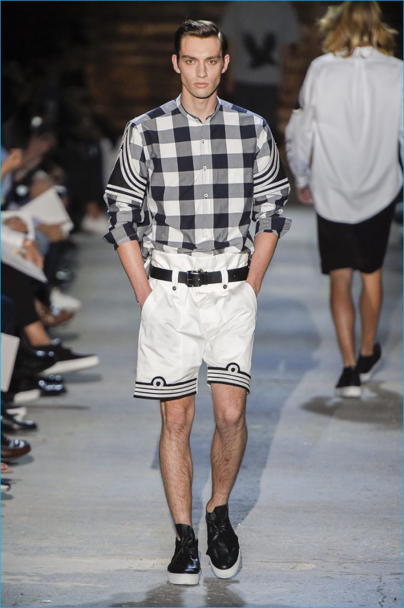 Pairing a band collar shirt with paper bag waist shorts, Ports 1961 has a classic check moment for spring-summer 2017.