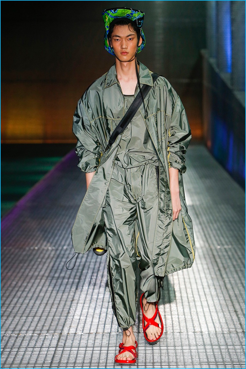 Prada offers a monochromatic look for spring-summer 2017 with its oversized parka and coordinated pieces.