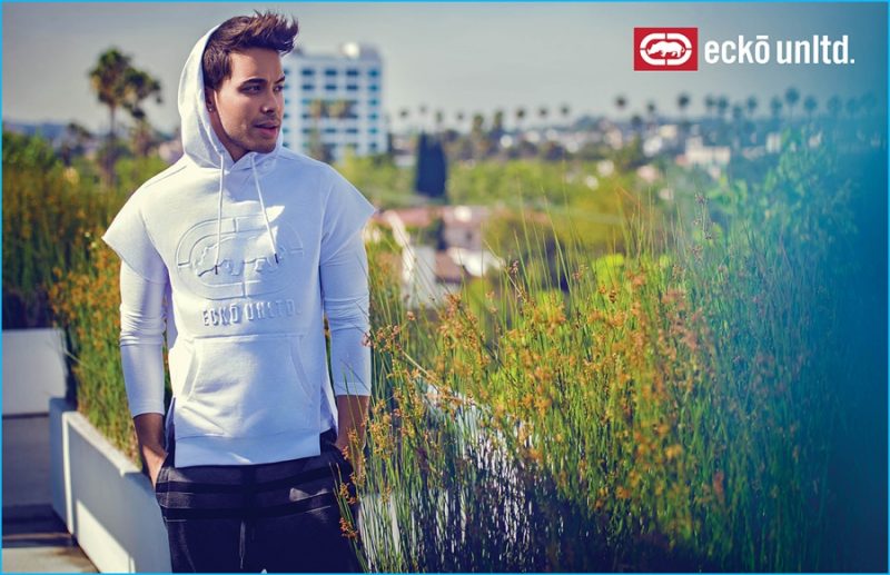 Sporting a white short-sleeve hoodie, Prince Royce fronts Ecko's fall-winter 2016 campaign.
